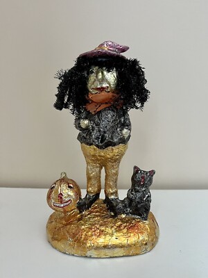 Halloween Witch Warlock Foil Doll Figure Hat w Hair Pumpkin and Black Cat 10''