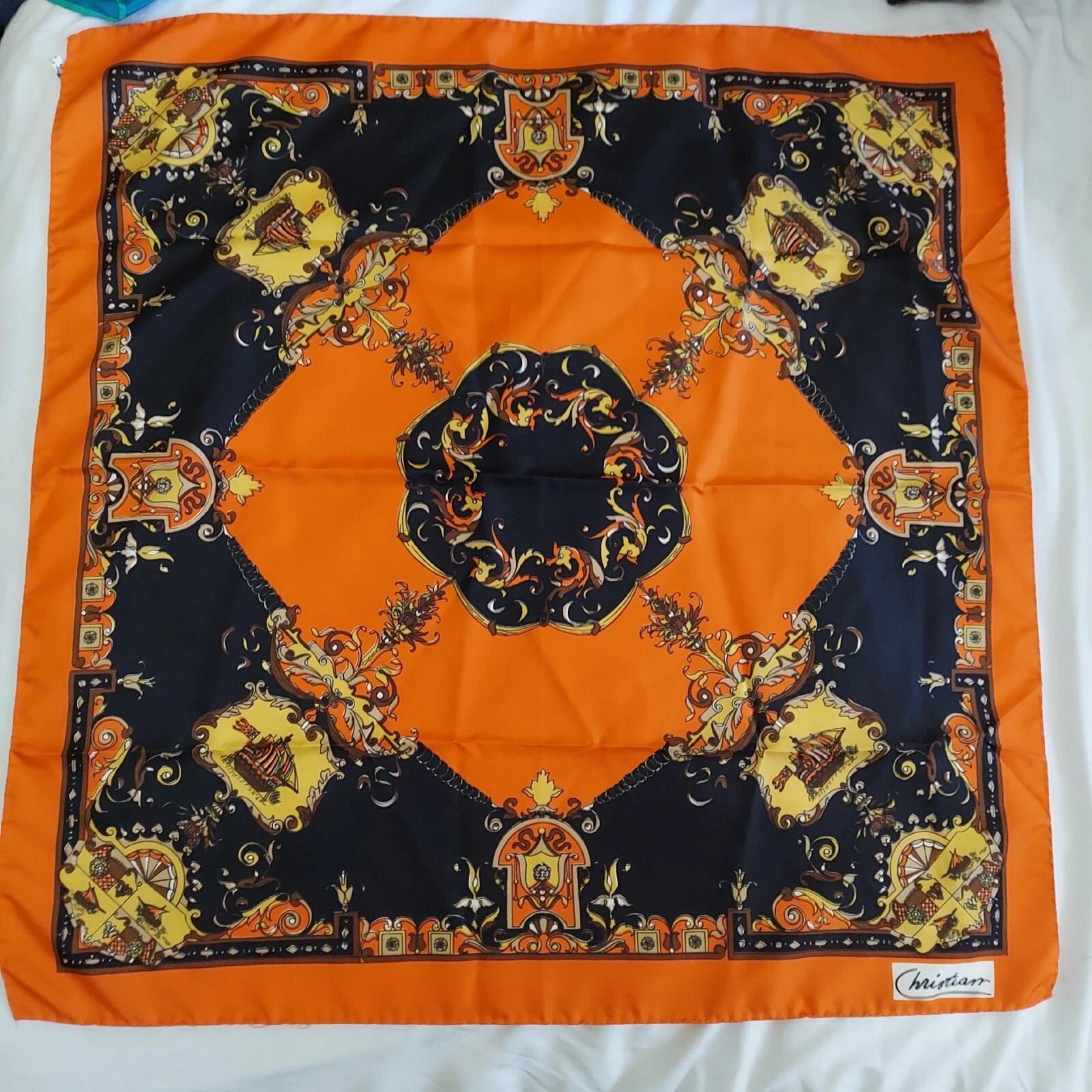 Vintage Scarf Christian Orange Black Ships