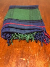 VTG Wool Fieldcrest Green Blue Plaid Knitted Trim Fringe Throw Blanket