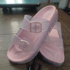 Girls Sandals Clear Glitter Pink Jelly Two Buckle Slide Beachwear Size 3 New