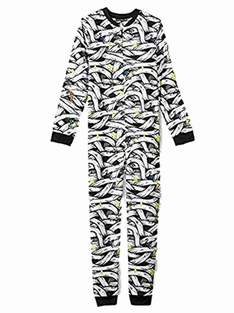 Boys White Mummy Print Sleeper Pajamas Polyester Fleece Union Suit
