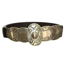 Chico's Brown Leather Adjustable Gold Clasp Boho Buckle Waist Belt Women's M/L