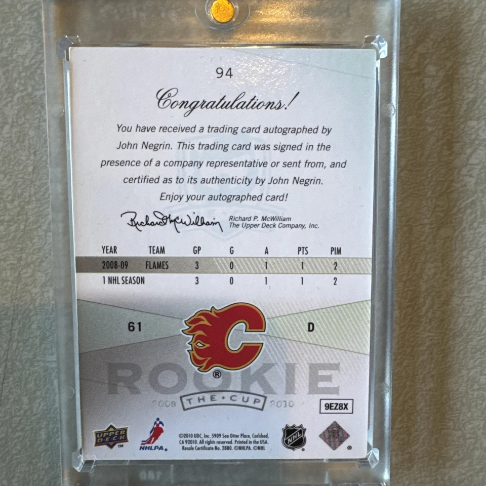 JOHN NEGRIN 2009-10 Upper Deck The Cup Rookie Auto Autograph #D /61 Gold - Image 2 of 2