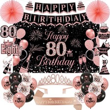 80th Birthday Decorations for Women, Rose Gold 80 Birthday Crown and Sash, Bl...