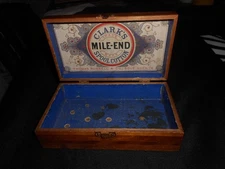 ANTIQUE CLARK'S MILE-END SPOOL COTTON THOMAS RUSSELL & CO. ADVERTISING WOOD BOX