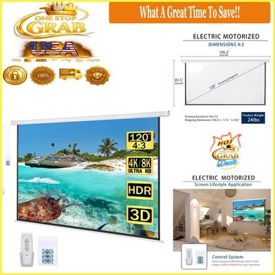 120-Inch Electric Motorized Projector Screen 4:3 HD Indoor Outdoor Home Theater