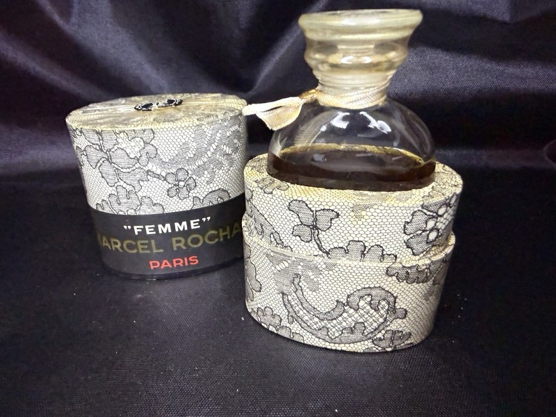 VINTAGE Marcel Rochas FEMME Pure Parfum 1/2 oz Extrait Bottle Lace Box France