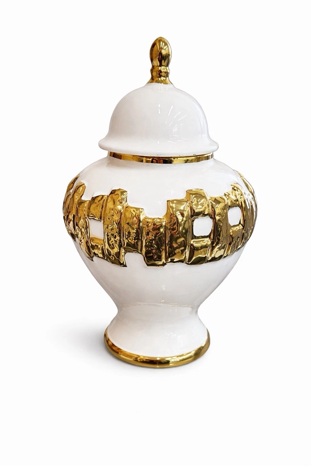 White Gold Ceramic Ginger Jar Modern Glossy Decorative Abstract Vase