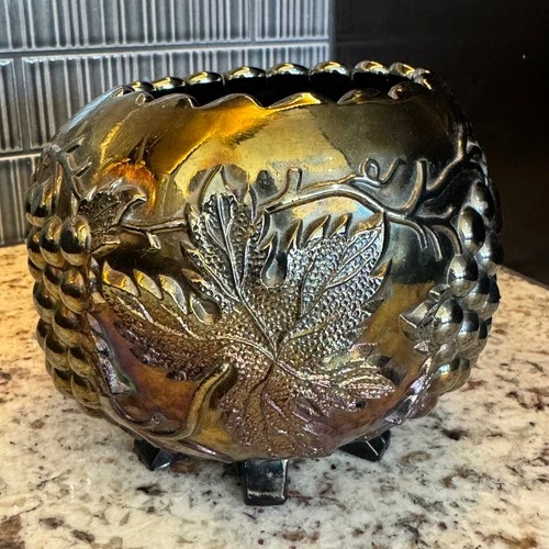 Vintage Carnival Glass Bowl Grapevine Leaf Iridescent Footed Scalloped & Quirky!