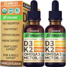 2 Pack Organic Vitamin D3 K2 Drops with MCT Oil Omega 3 5000 IU Maximum