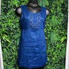 MICHAEL Kors Dress Size 12 Blue Linen Blend Embellished Sleeveless 3323