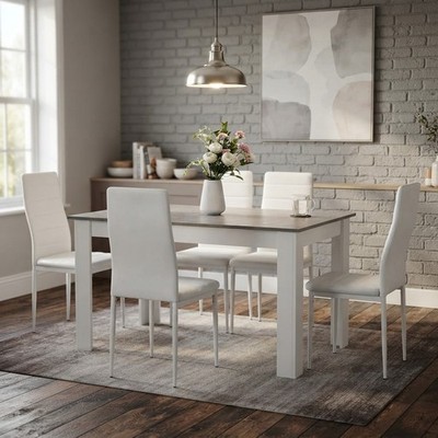 Robustes Esstisch-Set für 6 - pflegeleichte Kunstlederstühle & graue Oberfläche