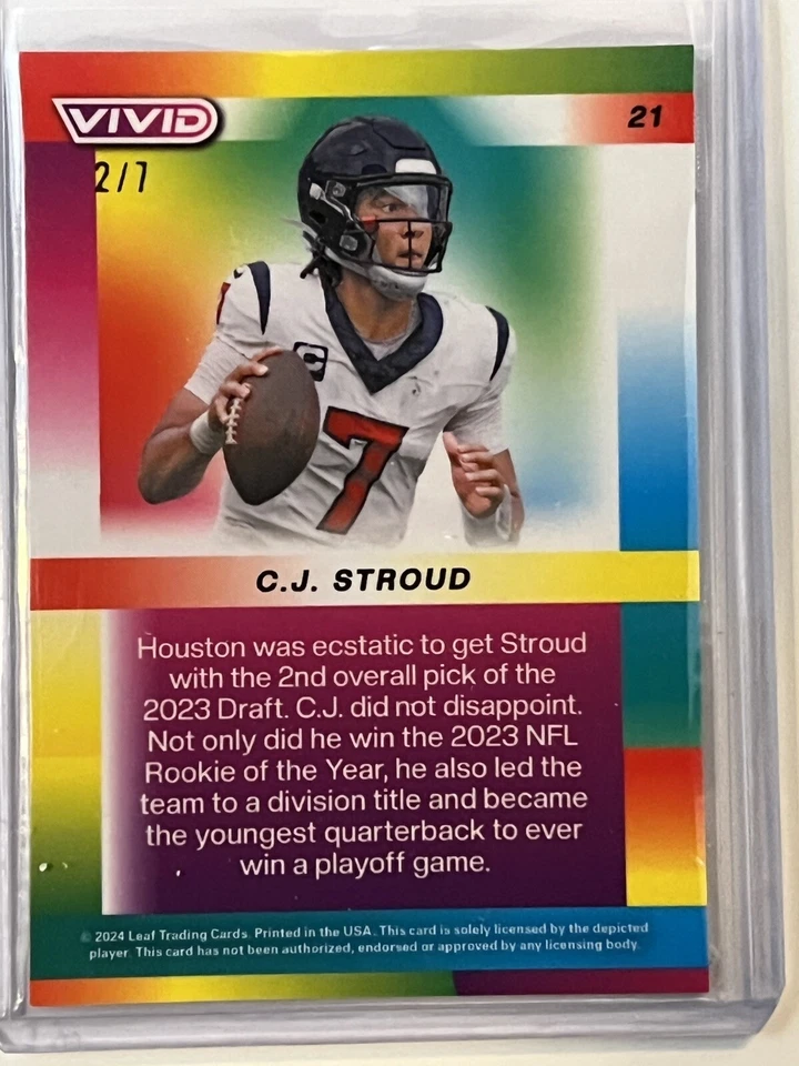 2024 Leaf Vivid Texans CJ Stroud #21 - SSP Navy Blue Lava Prizm Rookie #d 2/7 - Image 2 of 2
