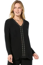 Antthony Women's Studded Trim Long-Sleeve V-Neck Blouse Black