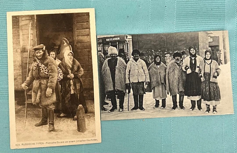 2 Judaica postcards WWI period W. Ukrainian peasants by the Jewish store Shtetel