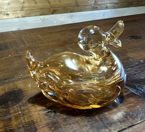VTG Jeanette 1950's Marigold Carnival Glass Duck Trinket/Candy Dish