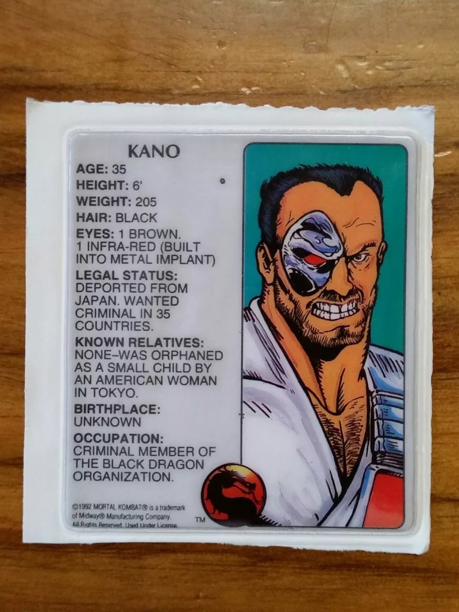 Mortal Kombat 1992 Kano Puffy Sticker 3 Long New Old Stock Video Game