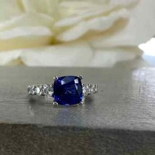 2.36 Ct Cushion Cut Natural Sapphire & Diamond Wedding Ring 14K White Gold SzAll