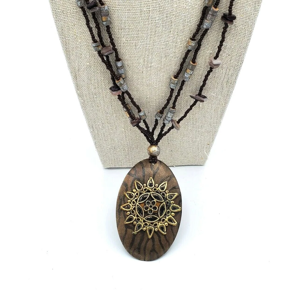 Collar Art Deco Étnico Triple Cuentas Hilo Madera Colgante Negro Marrón Boho 24" Foto 2 de 4