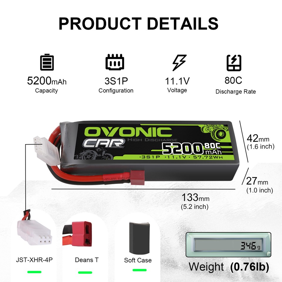 OVONIC Lipo 3S 5200mAh 80C 11.1V – Batterie RC Étui Rigide Connecteur EC5 – Pour Voiture Camion Buggy 1/8 à 1/10