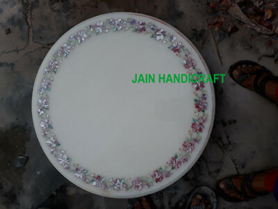 18'' White marble Coffee Center Table Top round Inlay malachite Mosaic Decor Hh11