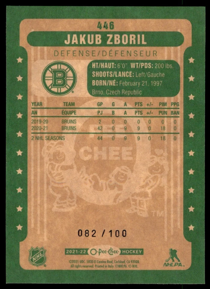 2021-22 O-PEE-CHEE RETRO BLACK BORDER JAKUB ZBORIL 082/100 BOSTON BRUINS #446 - Image 2 of 2