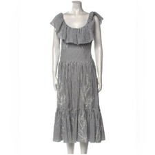 Tory Burch Womens Blue Striped Embroidered Eyelet Midi Dress Size 00 NWT