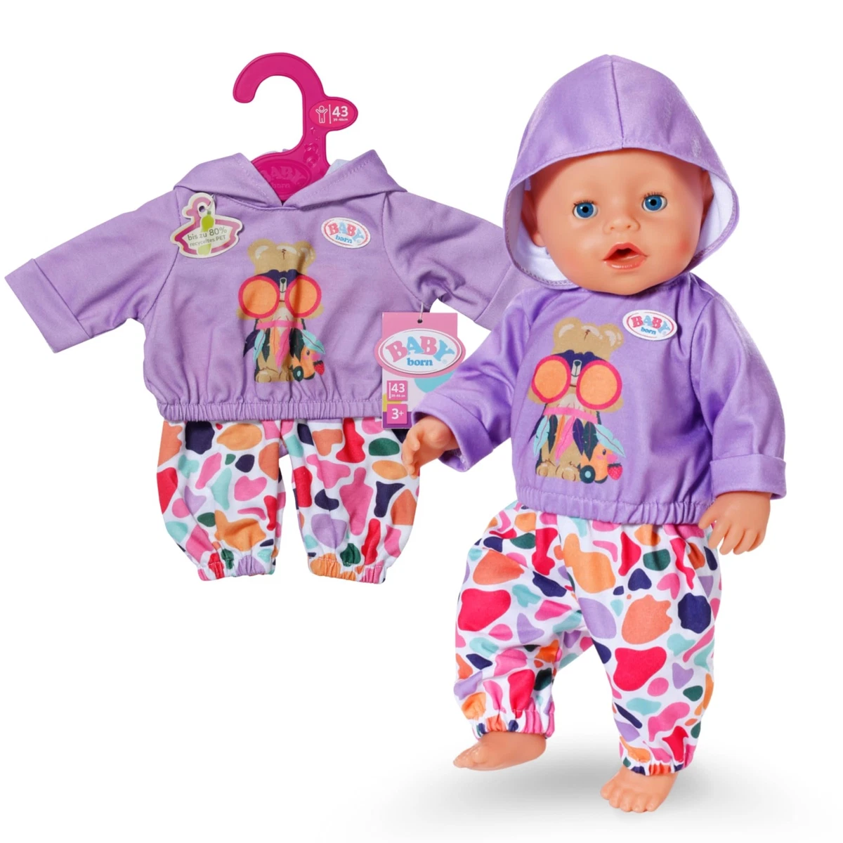 BABY born Hoodie Outfit, Purple Sweater and Colourful Trousers for 43cm Dolls, 8