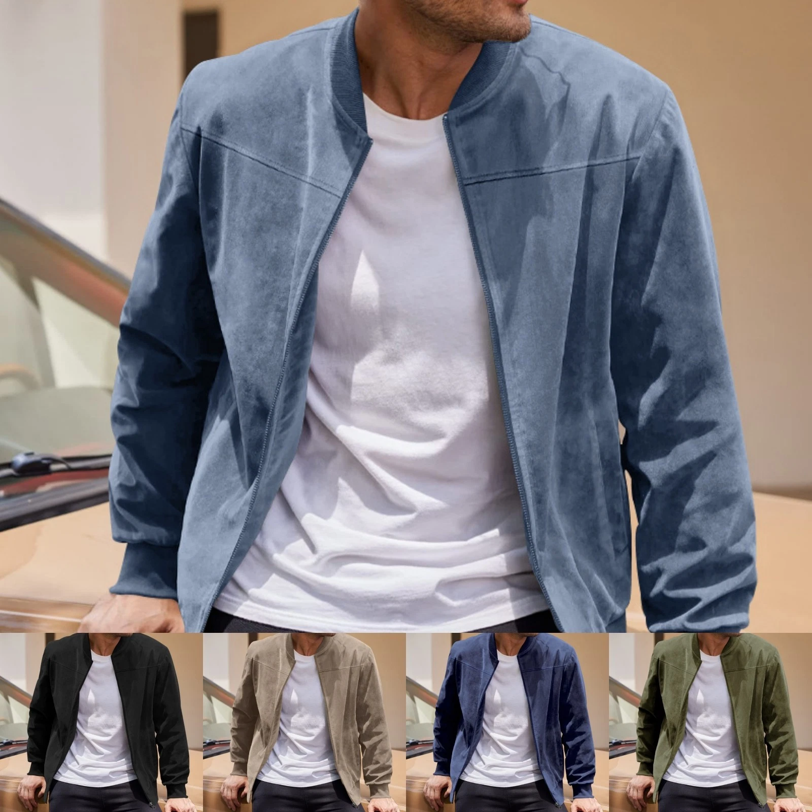 Men Microsuede Bomber Jacket Long Sleeve Loose Fit Zip-Up Streetwear Bomber Coat