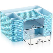Blue Bling Desk Organizer with 2 Drawer, Sparkly Makeup Organizer for Vanity,...