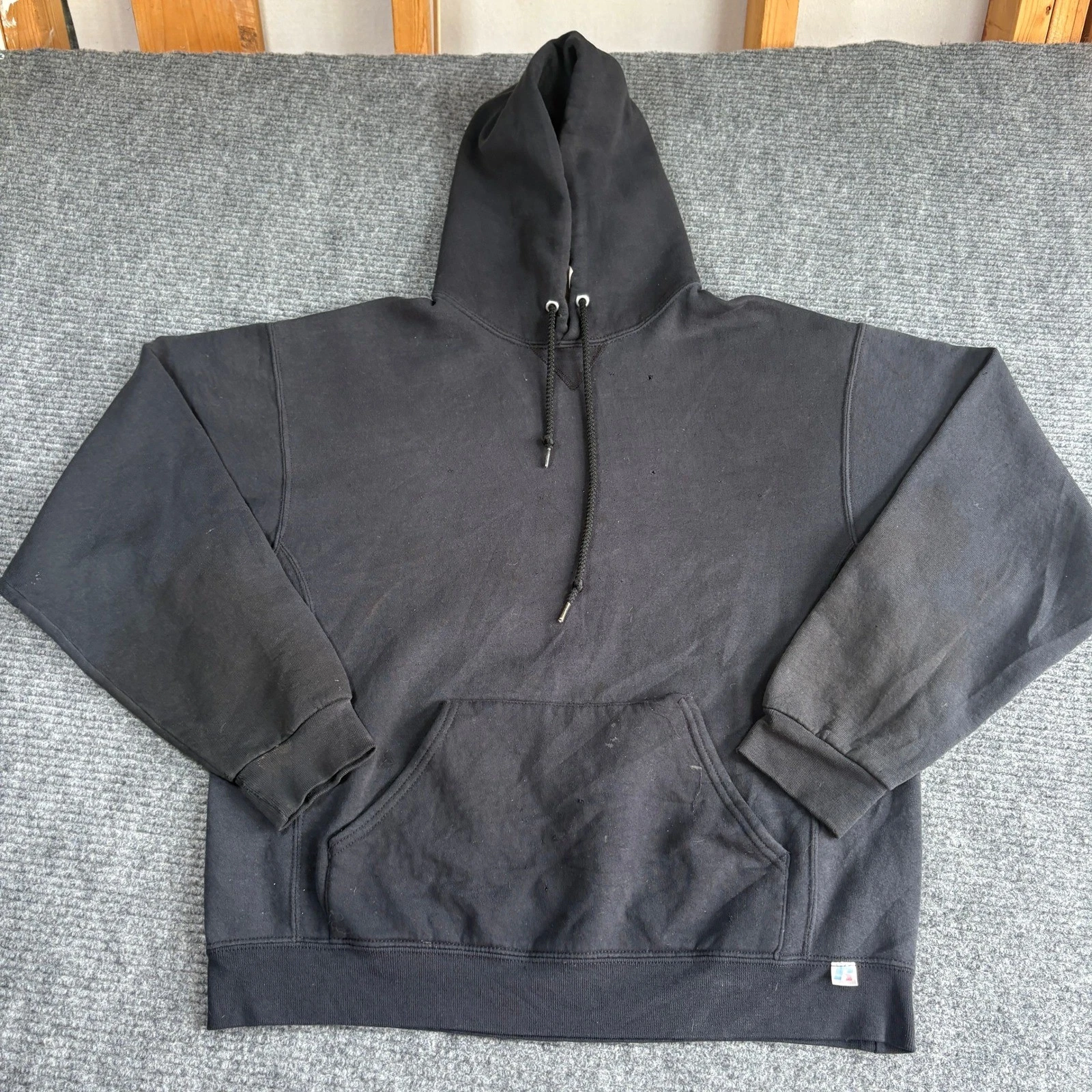 Russell Athletic Mens Vintage Distressed Pullover Hoodie Black Large Boxy Fit