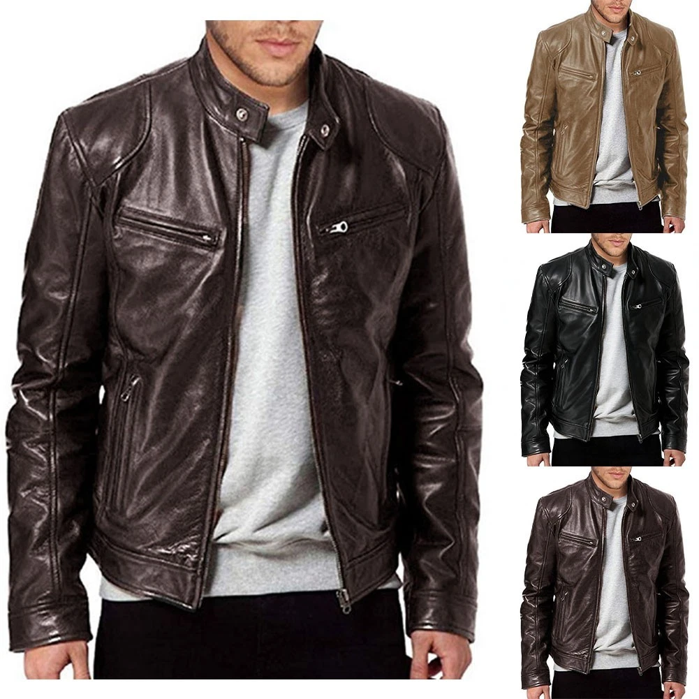 Men Casual PU Leather Jackets with Front Zipper and Stand Collar for Daily Use