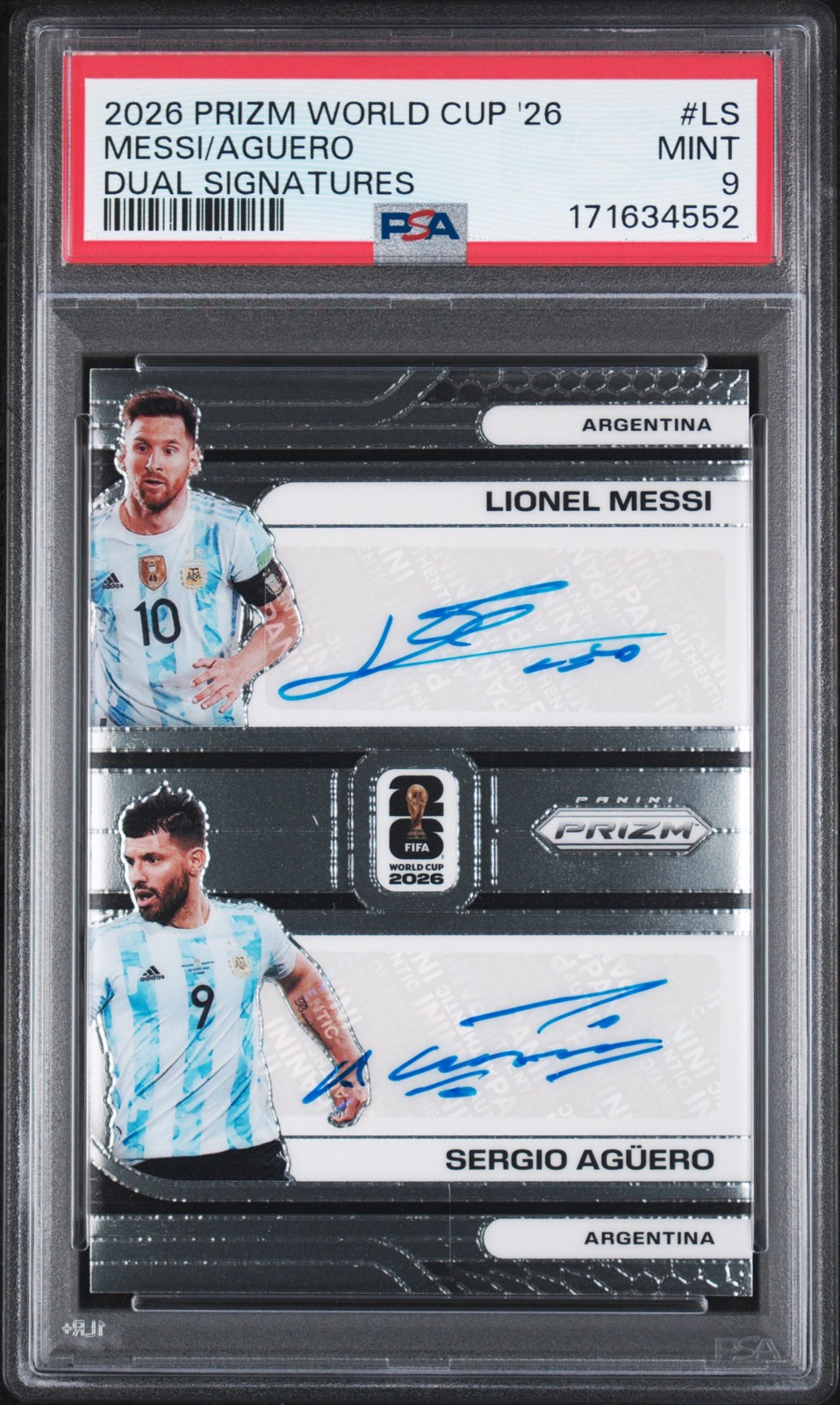 2026 PANINI PRIZM FIFA WORLD CUP DUAL AUTO #LS LIONEL MESSI/SERGIO AGUERO PSA 9
