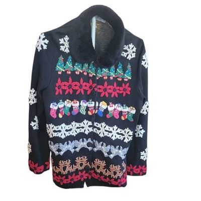 Michael Simon Christmas Cardigan Size XL Black Beaded Embroidered Reindeer