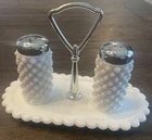 Vintage Fenton Hobnail Salt & Pepper Shakers Caddy White Milk Glass Metal Lids