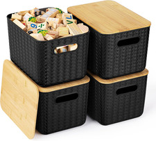 4 Pack Storage Bins with Bamboo Lids,Stackable Box for Organization  Plastic St
