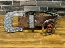 XL Leather Belt Brown Silver Rhinestone Buckle Hand Tooled 46 Length