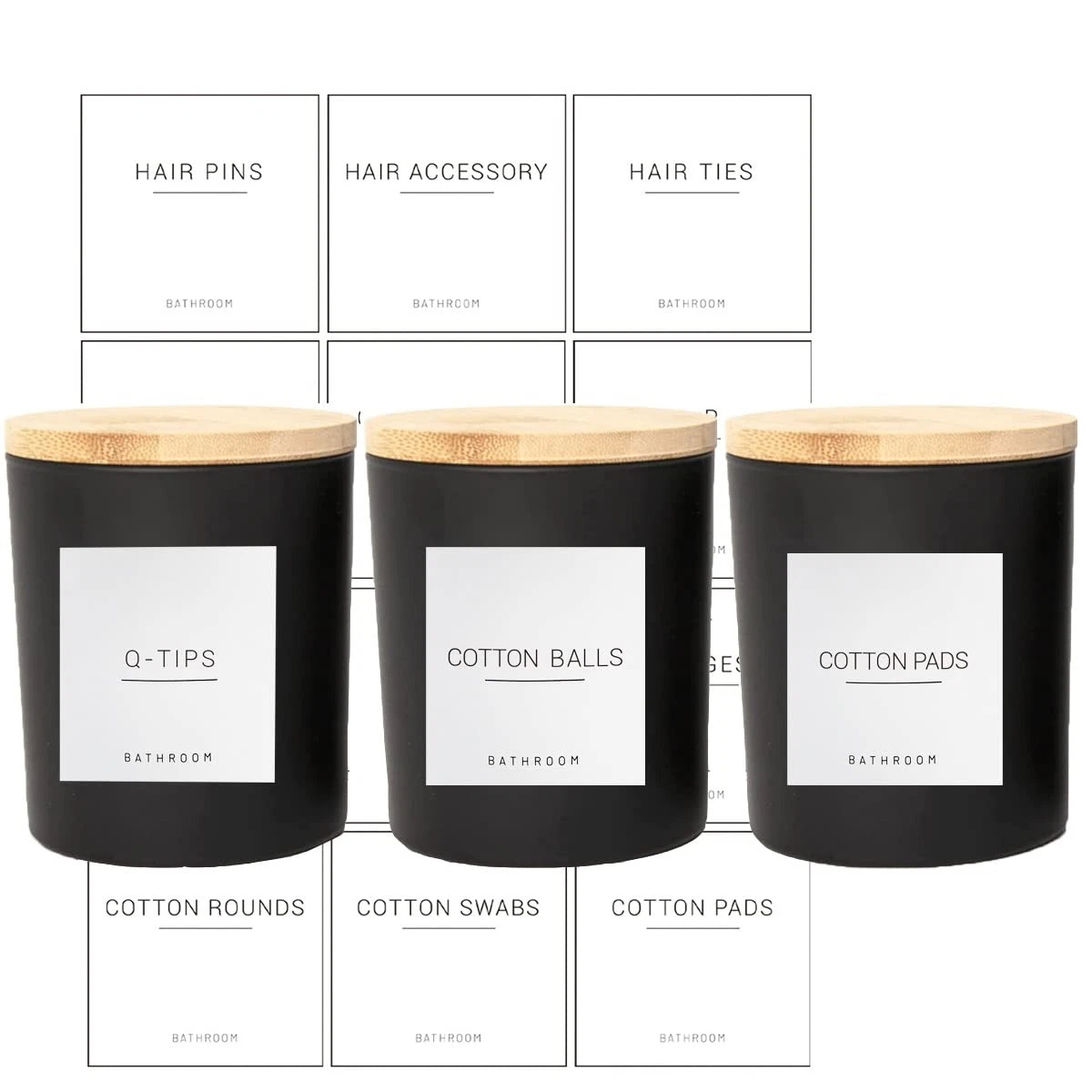 3PCS Modern 13.53oz Black Bathroom Canisters with 12 Labels & Wooden Lid Thic...