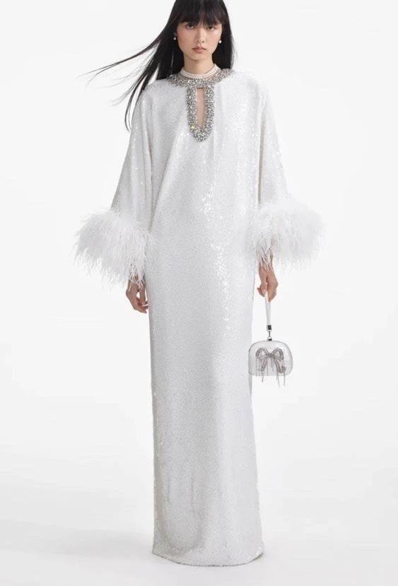 Self Portrait Oversized White Sequin Embellished Feather Maxi Dress UK 8 RP £650