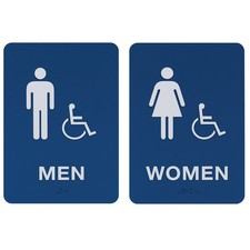 Men  Women's Handicap Restroom Sign Set w/Braille Blue 