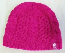 The North Face Pink Cable Knit Fleece Ear Wool Blend Hat Beanie Youth Kid M EUC