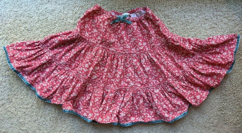 Mini Boden Corduroy Skirt, Red Floral Ruffle Prairie, w/ Aqua Velvet Hem, 7-8