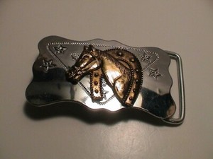 WOMEN'S HORSE HEAD HORSESHOE ROPE LUCKY STARS WESTERN THEME CHROME BELT BUCKLE!