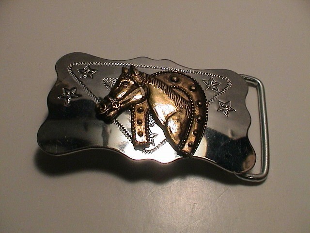 WOMEN'S HORSE HEAD HORSESHOE ROPE LUCKY STARS WESTERN THEME CHROME BELT BUCKLE!
