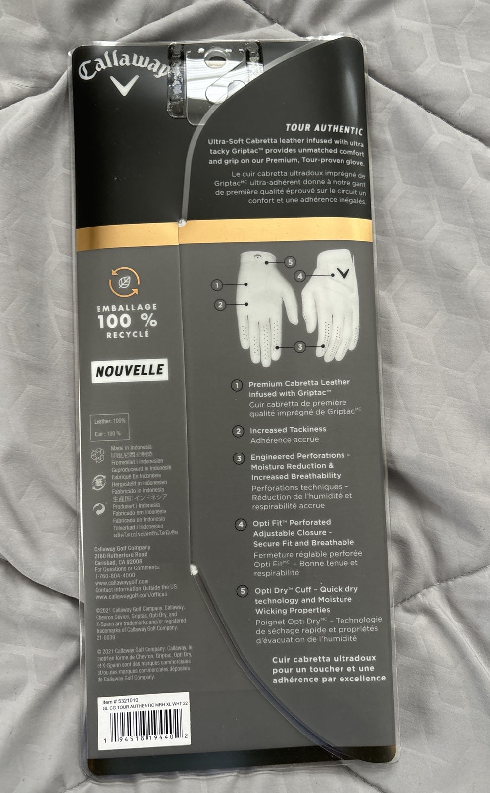 7 Pack CALLAWAY TOUR AUTHENTIC Right HAND Mens XL Golf GLOVES 7 pack