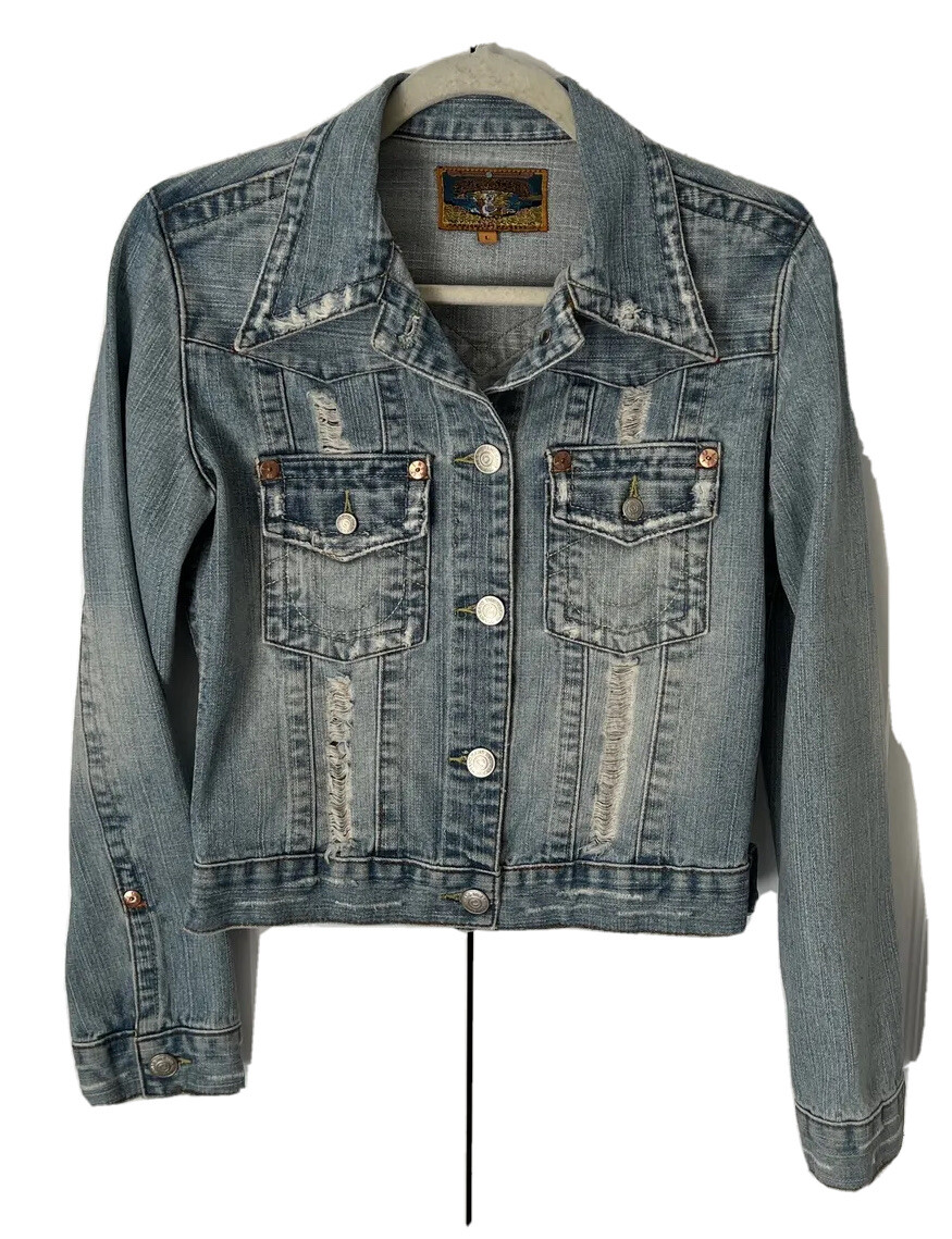 True Religion distressed blue Jean denim jacket Large Cotton