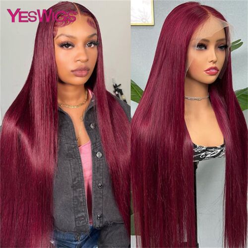 99J Red Bone Straight Lace Front Wigs HD Transparent Wigs Pre Plucked Glueless - Afbeelding 1 van 23
