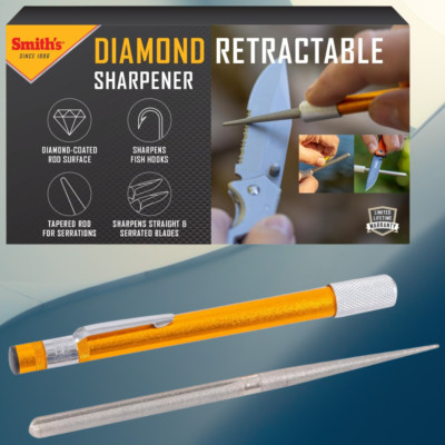 NEW SMITHS DRET DIAMOND RETRACTABLE POCKET KNIFE SHARPENER ROD Serrated