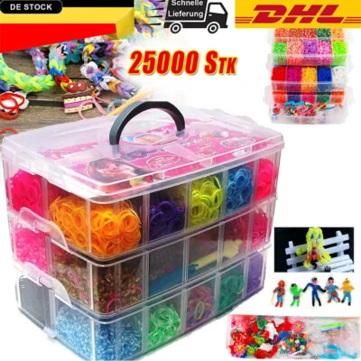MARKENLOS Loom Bands 25000 Stk. bunte Gummibänder Set + Haken Webrahmen Webhaken