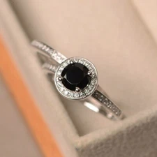 Black Onyx Women Stack Ring Natural Gemstone 925 Sterling Silver Halo Ring